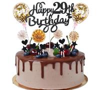 Cnrose Cake Decoration Man Women 29th Birthday Hello 29 Cake Topper Black Gold with Heart Star Balloon Cake Decoration 29th Birthday Happy 29th Birthday Cake Decoration 29 Years Man 29th Birthday