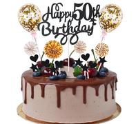 Cnrose Cake Decoration Man Women 50th Birthday Hello 50 Cake Topper Black Gold with Heart Star Balloon Cake Decoration 50th Birthday Happy 50th Birthday Cake Decoration 50 Years Man 50th Birthday