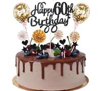 Cnrose Cake Decoration Man Women 60th Birthday Hello 60 Cake Topper Black Gold with Heart Star Balloon Cake Decoration 60th Birthday Happy 60th Birthday Cake Decoration 60 Years Man 60th Birthday