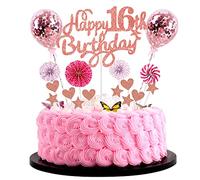 Cnrose Cake Topper Rose Gold with Heart Star Balloon - 16th Birthday Girl Cake Decoration
