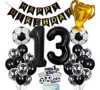 Cnrose Football Balloon 13th Birthday Decoration: Black Helium Balloons, Giant Number 13, Champion Trophy, Happy Birthday Garland, Cake Topper, Cup Topper, Ribbon