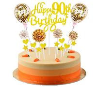 Cnrose Gold 90th Birthday Cake Topper, 'Happy 90th Birthday' Toppers, Glitter Stars, Hearts, Confetti Balloons, Paper Fan Toppers, Straws - 30 Count