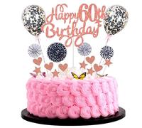 Cnrose Rose Gold 60th Birthday Cake Decoration Set: 28 Pieces, Includes 'Happy 60th Birthday' Topper, Stars, Hearts, Balloons, Fans, Straws - Perfect for Birthday Parties, Anniversaries, Baby Showers