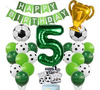 Cnrose Soccer Balloon 5th Birthday Green Decorations - Helium Balloon, Cake Topper, Football Theme Party Supplies for Boys, Kids Birthday Decor, Soccer Cake Decoration