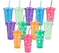 CNSJ 12 Pcs Hawaiian Plastic Tumbler Cups with Straw and Lid 24 Oz Reusable Travel Mug for Tropical Summer Beach Themed Party Favours Cold Drinks