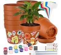 CNSJ 12 Sets Kids Gardening Set Paintable Garden Pot with Tray Drainage Holes Plant Labels Color Pen and Adhesive Stickers Flower Plant Craft for DIY Flower Planting Childrens Activity