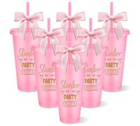 CNSJ 6 Set Sleepover Party Supplies for Girls Sleepover Party Squad Cups with Lid Straw and Pink Bow Reusable Glitter Coffee Cup for Slumber Spa Pamper Birthdays Christmas