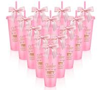 CNSJ Sleepover Party Supplies Sleepover Party Squad Cups with Lid Straw and Pink Bow Reusable Glitter Coffee Cup for Slumber Spa Pamper Birthdays Valentine's Galentine‘s (12)