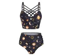 CNSTORE Women's Bathing Suit Set Summer Sun Star Moon Lattice High Waisted Tankini Swimsuit Yellow