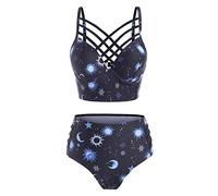 CNSTORE Women's Two-Piece Bikini Bating Suits Sun Star Moon Lattice High Waisted Criss Cross Goth Tankini Swimsuit, Dark Blue, Large