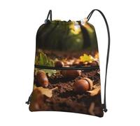 CNTDBU Acorn Oak Leaf Drawstring Backpack with Zip-Waterproof Lightweight Daypack for Gym Sports, Adjustable Cinch Bag for Travel Hiking