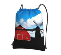 CNTDBU Barn Windmill Farm Drawstring Backpack with Zip-Waterproof Lightweight Daypack for Gym Sports, Adjustable Cinch Bag for Travel Hiking