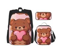 CNTDBU Bear Heart Love Backpack Lunch Bag Pouch Set-3 in 1 Travel Bag for Commuters, Insulated Lunch Tote for Work with Laptop Sleeve