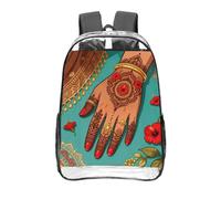 CNTDBU Beautiful Henna Print Clear Backpack 16 Inch Heavy Duty-Stadium Approved Transparent PVC Bookbag, Reinforced Bottom Travel Daypack Unisex