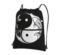 CNTDBU Black White TaiChi Drawstring Backpack with Zip-Waterproof Lightweight Daypack for Gym Sports, Adjustable Cinch Bag for Travel Hiking