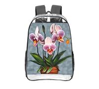 CNTDBU Blooming Orchids Clear Backpack 16 Inch-Transparent PVC Stadium Approved Bag, Custom All-Over Print Front Pocket, Lightweight Travel Daypack Unisex