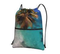 CNTDBU Caribbean Islands Drawstring Backpack with Zip-Waterproof Lightweight Daypack for Gym Sports, Adjustable Cinch Bag for Travel Hiking