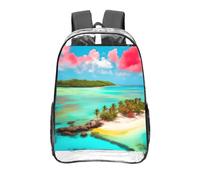 CNTDBU Caribbean Scenery Clear Backpack 16 Inch-Transparent PVC Stadium Approved Bag, Custom All-Over Print Front Pocket, Lightweight Travel Daypack Unisex