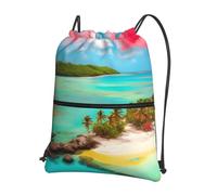 CNTDBU Caribbean Scenery Drawstring Backpack with Zip-Waterproof Lightweight Daypack for Gym Sports, Adjustable Cinch Bag for Travel Hiking