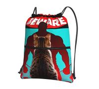 CNTDBU Cat Beware Muscle Drawstring Backpack with Zip-Waterproof Lightweight Daypack for Gym Sports, Adjustable Cinch Bag for Travel Hiking