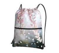 CNTDBU Cherry Blossom Branch Drawstring Backpack with Zip-Waterproof Lightweight Daypack for Gym Sports, Adjustable Cinch Bag for Travel Hiking