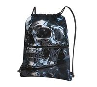 CNTDBU Chrome Skull Metal Drawstring Backpack with Zip-Waterproof Lightweight Daypack for Gym Sports, Adjustable Cinch Bag for Travel Hiking