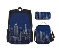 CNTDBU City Skyline Silhouette Backpack Lunch Bag Pouch Set-3 in 1 Travel Bag for Commuters, Insulated Lunch Tote for Work with Laptop Sleeve