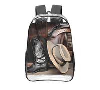 CNTDBU Cowboy Black Hat Western Boots Clear Backpack 16 Inch-Transparent PVC Stadium Approved Bag, Custom All-Over Print Front Pocket, Lightweight Travel Daypack Unisex