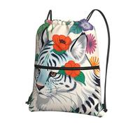 CNTDBU Cute white tiger Drawstring Backpack with Zip-Waterproof Lightweight Daypack for Gym Sports, Adjustable Cinch Bag for Travel Hiking