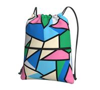 CNTDBU Geometric Patchwork Art Drawstring Backpack with Zip-Waterproof Lightweight Daypack for Gym Sports, Adjustable Cinch Bag for Travel Hiking