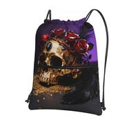 CNTDBU Gold Skull Rose Drawstring Backpack with Zip-Waterproof Lightweight Daypack for Gym Sports, Adjustable Cinch Bag for Travel Hiking