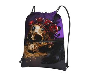 CNTDBU Gold Skull Rose Drawstring Backpack with Zip-Waterproof Lightweight Daypack for Gym Sports, Adjustable Cinch Bag for Travel Hiking