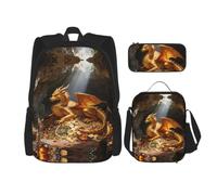 CNTDBU Golden Dragon Pattern Backpack Lunch Bag Pouch Set-3 in 1 Travel Bag for Commuters, Insulated Lunch Tote for Work with Laptop Sleeve