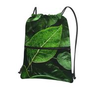 CNTDBU Green Leaf Nature Drawstring Backpack with Zip-Waterproof Lightweight Daypack for Gym Sports, Adjustable Cinch Bag for Travel Hiking