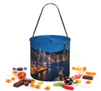 CNTDBU Hong Kong night view Halloween Storage Bag-Round Handbag for Party | Twill fabric Lightweight Reusable Holds favors essentials For party use