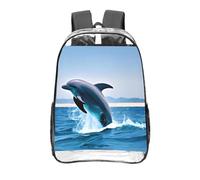 CNTDBU Jumping up dolphins Clear Backpack 16 Inch-Transparent PVC Stadium Approved Bag, Custom All-Over Print Front Pocket, Lightweight Travel Daypack Unisex