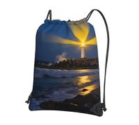 CNTDBU Lighthouse Coast Rock Drawstring Backpack with Zip-Waterproof Lightweight Daypack for Gym Sports, Adjustable Cinch Bag for Travel Hiking