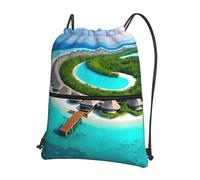 CNTDBU Maldives Scenery Drawstring Backpack with Zip-Waterproof Lightweight Daypack for Gym Sports, Adjustable Cinch Bag for Travel Hiking