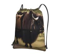 CNTDBU Mighty Highland Yak Drawstring Backpack with Zip-Waterproof Lightweight Daypack for Gym Sports, Adjustable Cinch Bag for Travel Hiking