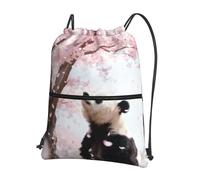 CNTDBU Panda Cherry Blossom Drawstring Backpack with Zip-Waterproof Lightweight Daypack for Gym Sports, Adjustable Cinch Bag for Travel Hiking
