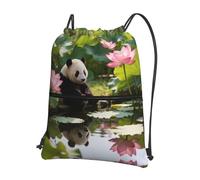 CNTDBU Panda Lotus Pond Drawstring Backpack with Zip-Waterproof Lightweight Daypack for Gym Sports, Adjustable Cinch Bag for Travel Hiking