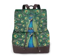 CNTDBU Peacock Tail Gold Women's Leather Backpack-Soft PU Leather Daypack for Travel Work, Lightweight Casual Laptop Bag for Women
