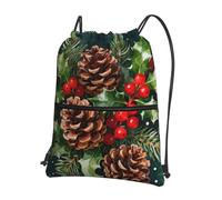 CNTDBU Pinecone Holly Berries Drawstring Backpack with Zip-Waterproof Lightweight Daypack for Gym Sports, Adjustable Cinch Bag for Travel Hiking