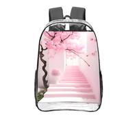 CNTDBU Pink cherry blossom staircase Clear Backpack 16 Inch-Transparent PVC Stadium Approved Bag, Custom All-Over Print Front Pocket, Lightweight Travel Daypack Unisex