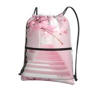 CNTDBU Pink cherry blossom staircase Drawstring Backpack with Zip-Waterproof Lightweight Daypack for Gym Sports, Adjustable Cinch Bag for Travel Hiking