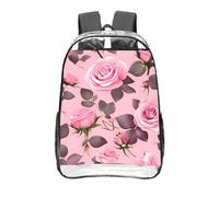 CNTDBU Pretty Pink Roses Clear Backpack 16 Inch-Transparent PVC Stadium Approved Bag, Custom All-Over Print Front Pocket, Lightweight Travel Daypack Unisex