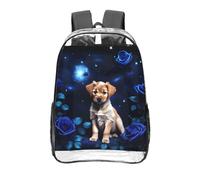CNTDBU Puppy Blue Rose Clear Backpack 16 Inch-Transparent PVC Stadium Approved Bag, Custom All-Over Print Front Pocket, Lightweight Travel Daypack Unisex