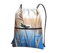 CNTDBU Reeds Dragonfly Pond Drawstring Backpack with Zip-Waterproof Lightweight Daypack for Gym Sports, Adjustable Cinch Bag for Travel Hiking