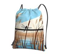 CNTDBU Reeds Pond Drawstring Backpack with Zip-Waterproof Lightweight Daypack for Gym Sports, Adjustable Cinch Bag for Travel Hiking
