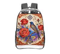 CNTDBU Roses and Birds Clear Backpack 16 Inch Heavy Duty-Stadium Approved Transparent PVC Bookbag, Reinforced Bottom Travel Daypack Unisex